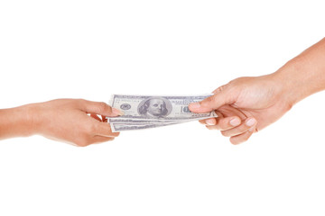 Hand holding US Dollar Banknote ISOLATED on White Background : Giveing Concept