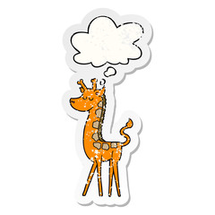 cartoon giraffe and thought bubble as a distressed worn sticker