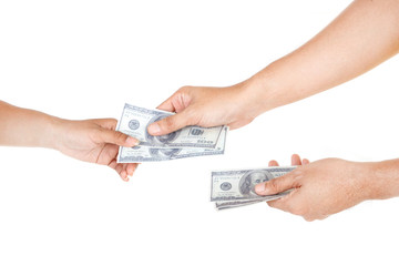 Hand holding US Dollar Banknote ISOLATED on White Background : Giveing Concept