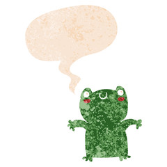 cartoon frog and speech bubble in retro textured style
