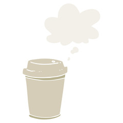 cartoon takeout coffee cup and thought bubble in retro style