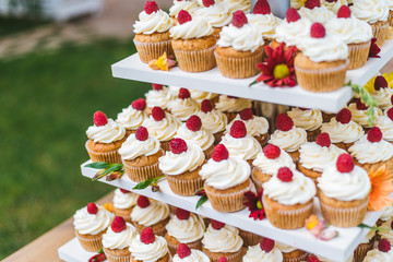 Many cupcakes with white cream and strawberries on a wooden table