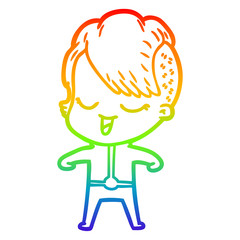 rainbow gradient line drawing happy cartoon girl in futuristic clothes