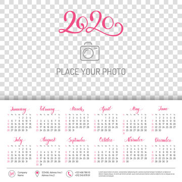 Wall Calendar Layout For 2020 Year With Place For Photo. English Template With Basic Grid On White Background. Week Starts From Sunday. Annual Calendar From January To December Vector Design.