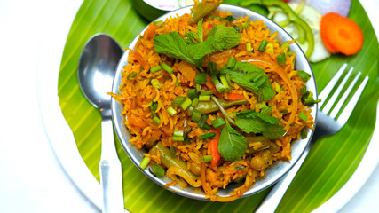 Vegetable biriyani with onion raitha