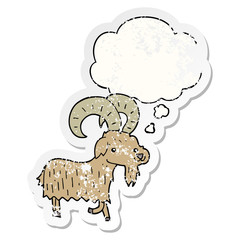 cartoon goat and thought bubble as a distressed worn sticker