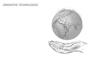 Obraz premium Planet earth ecology care. Hand holding careful global nature eco concept. Middle east Africa Europe side countries. Save the world resolution modern technology vector illustration