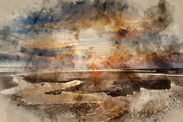 Naklejka na ściany i meble Digital watercolor painting of Stunning vibrant sunset landscape over Dunraven Bay in Wales