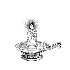 Candle sketch. Hand drawn vector illustration of a burning candle with rays of light.
