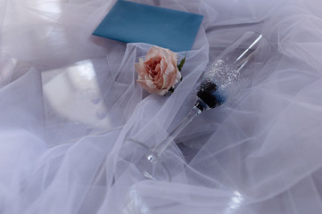 Women's accessories bride. Handbag, shoes, rings, bridal perfume