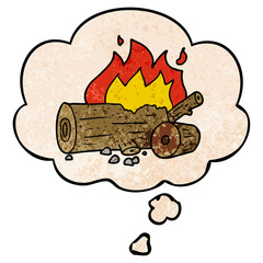 cartoon camp fire and thought bubble in grunge texture pattern style