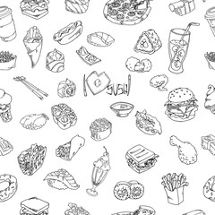 Set of food and drink outline seamless pattern. Hand drawn fast food and sushi. Vector illustration.