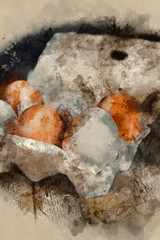 Digital watercolor painting of Fresh eggs in egg box in moody natural lighting vintage retro style set up