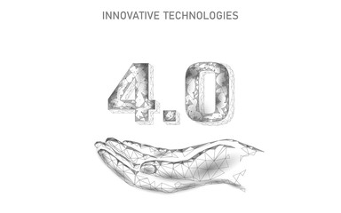 Low poly future industrial revolution concept. Industry 4.0 AI artificial cyber autonomous process. Online technology industry management. 3D polygonal innovation system vector illustration