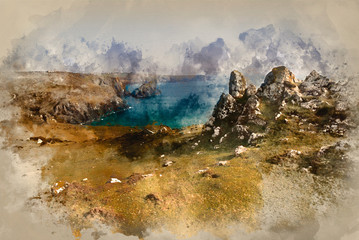 Watercolor painting of Kynance Cove cliffs looking across bay