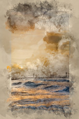 Plakat Watercolor painting of Beautiful dramatic stormy landscape image of waves crashing onto beach at sunrise