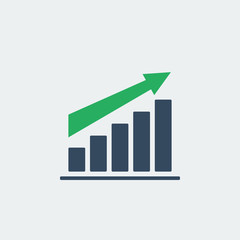 bar chart with green up arrow, vector icon or pictogram