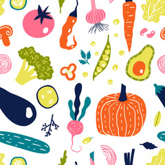 Seamless pattern with hand drawn vegetables. Vector illustration isolated on white background. Eco lifestyle.