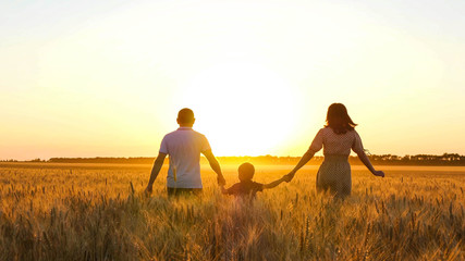 A man and a woman hold a little boy's hands against the sunset in a wheat field.