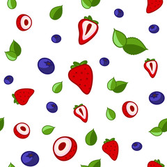 Vector strawberry blueberry and leaves seamless pattern with fruits element. Can be used for wrapping paper, greeting cards, stationery, fabric