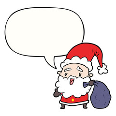 cartoon santa claus carrying sack of presents and speech bubble