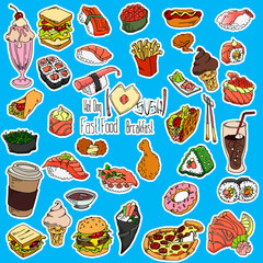 Set hand sketches doodle food fast food and sushi, vector set for your design.