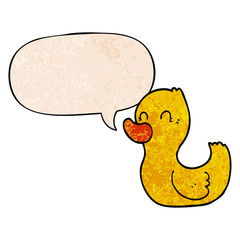 cartoon duck and speech bubble in retro texture style