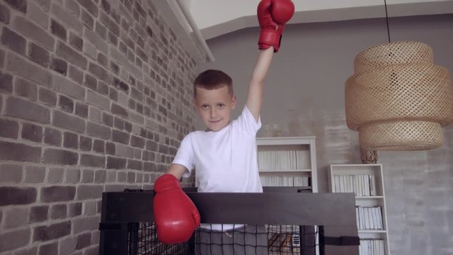 Serious boy in red Boxing Gloves pust the hand up as the winner. Cool bed as boxing ring.