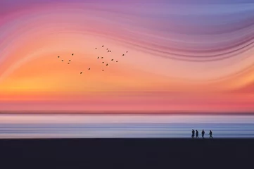 Zelfklevend Fotobehang fantasie dromerig landschap met bewegingsonscherpte van strand bij zonsondergang met mensen © mimadeo