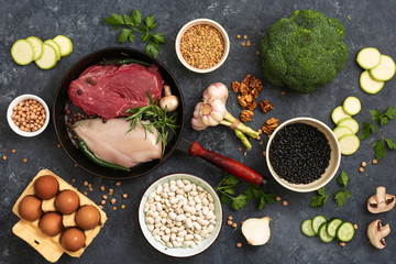 Healthy background design with a diet food top view Set of different diet food