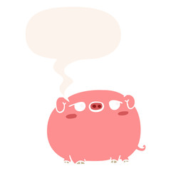 cute cartoon pig and speech bubble in retro style