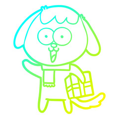 cold gradient line drawing cute cartoon dog with christmas present