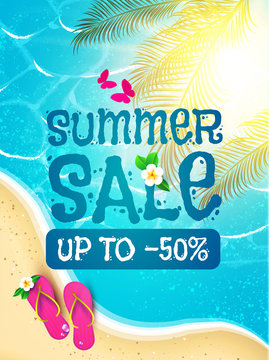 Summer Sale Background. Sunnu Beach, Warm Sea, Slippers and Palm Leaves. Nive Vacation Design.