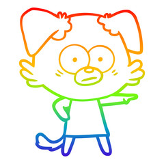 rainbow gradient line drawing nervous cartoon dog in dress pointing