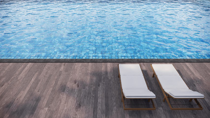 Two daybeds on wood deck side swimming pool. 3D illustration