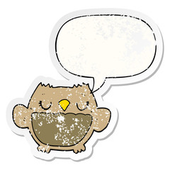 cartoon owl and speech bubble distressed sticker