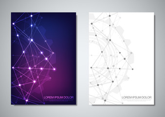 Brochure template or cover design. Digital technology with plexus background and space for your text. Geometric abstract background of connecting dots and lines.