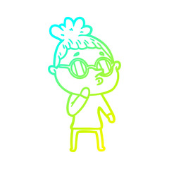cold gradient line drawing cartoon woman wearing glasses