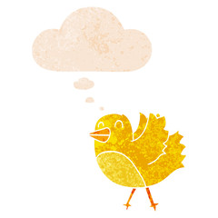 cartoon bird and thought bubble in retro textured style