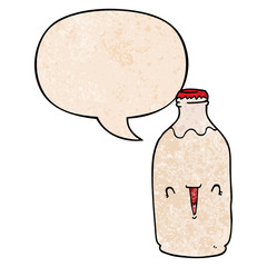 cute cartoon milk bottle and speech bubble in retro texture style