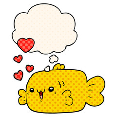 cute cartoon fish with love hearts and thought bubble in comic book style