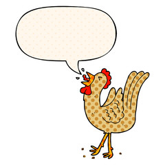 cartoon crowing cockerel and speech bubble in comic book style