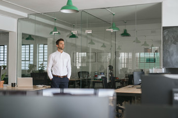 Young businessman standing in an office looking deep in thought