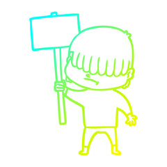cold gradient line drawing cartoon boy with untidy hair