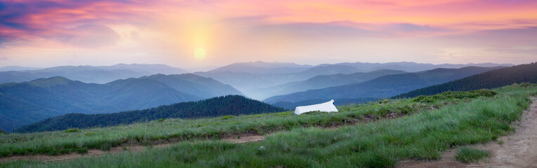 Fototapeta na wymiar ultralight white tent in the mountains