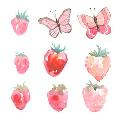 Watercolor set of hand painted strawberries and butterfly on white isolated background. Design illustration elements for greeting card, wedding card, template,banner