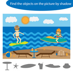 Find the objects by shadow, game with summer beach for children in cartoon, education game for kids, preschool worksheet activity, task for the development of logical thinking, vector illustration