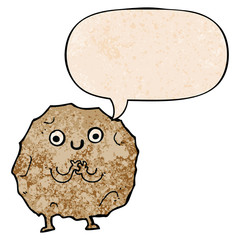cartoon rock character and speech bubble in retro texture style