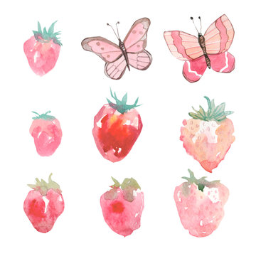 Watercolor set of hand painted strawberries and butterfly on white isolated background. Design illustration elements for greeting card, wedding card, template,banner