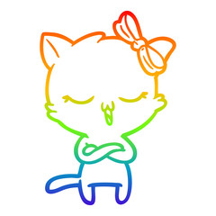 rainbow gradient line drawing cartoon cat with bow on head